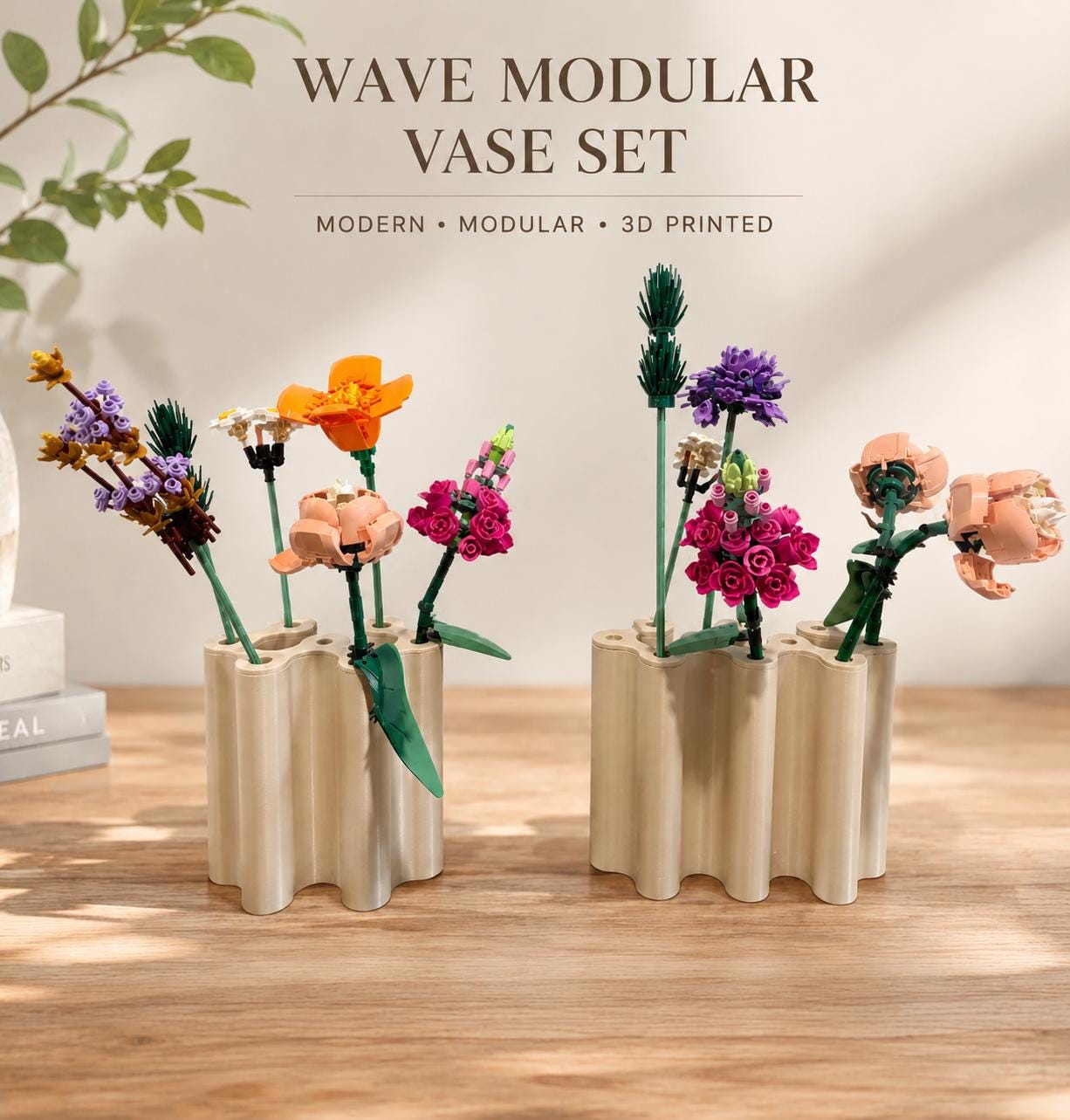 Modular 3D Printed Vase, Wavy Minimalist Display for Brick Flowers