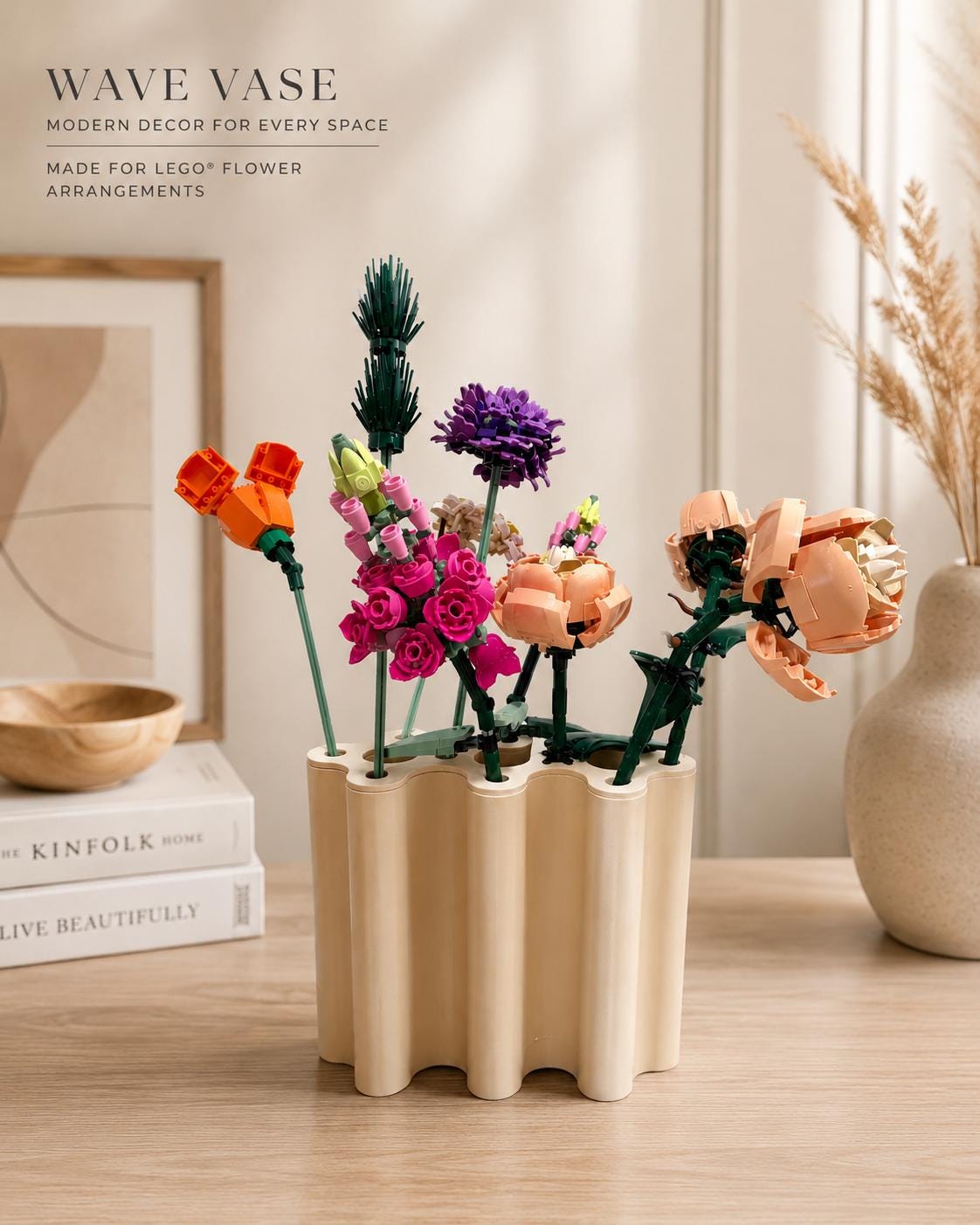 Modular 3D Printed Vase, Wavy Minimalist Display for Brick Flowers