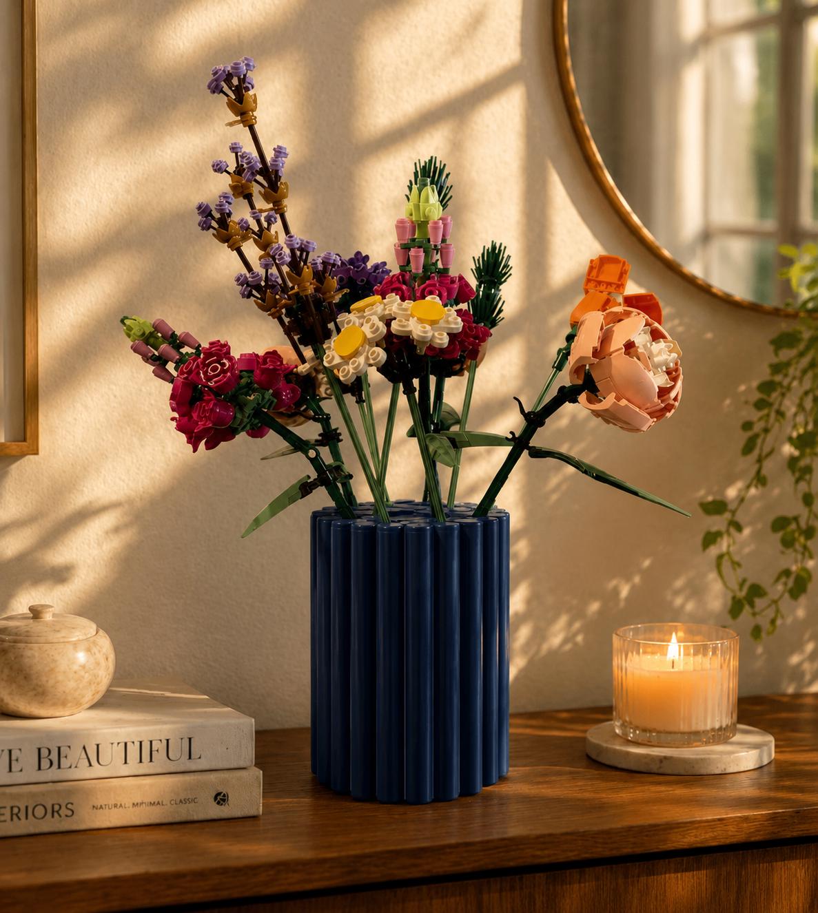 3D Printed Brick Flower Vase, Modern Ribbed Minimalist Decor, Botanical Bouquet Vase