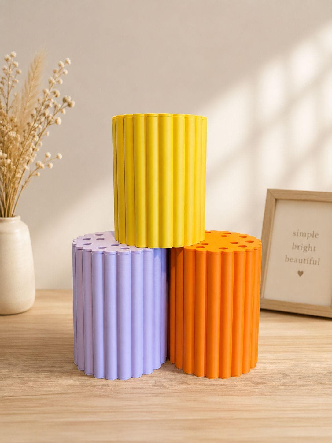 3D Printed Brick Flower Vase, Modern Ribbed Minimalist Decor, Botanical Bouquet Vase