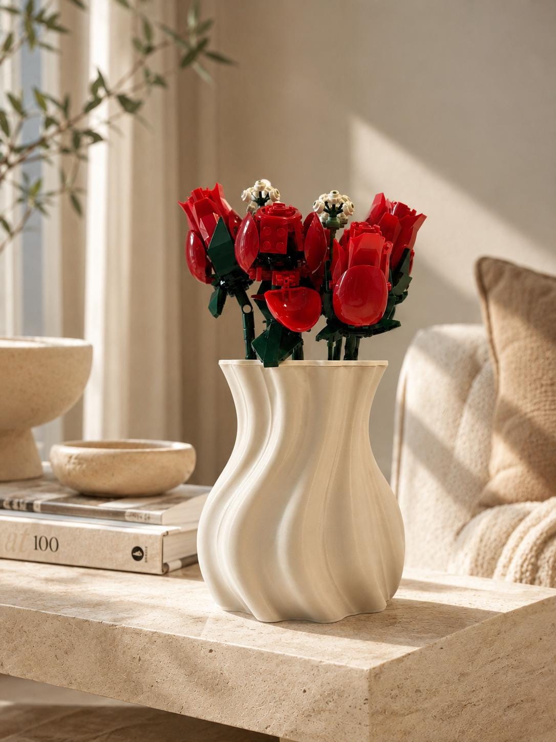 Modern Wavy Flower Vase, 3D Printed Sculptural Vase for Real Flowers & Building Block Bouquets, Minimalist Home Decor