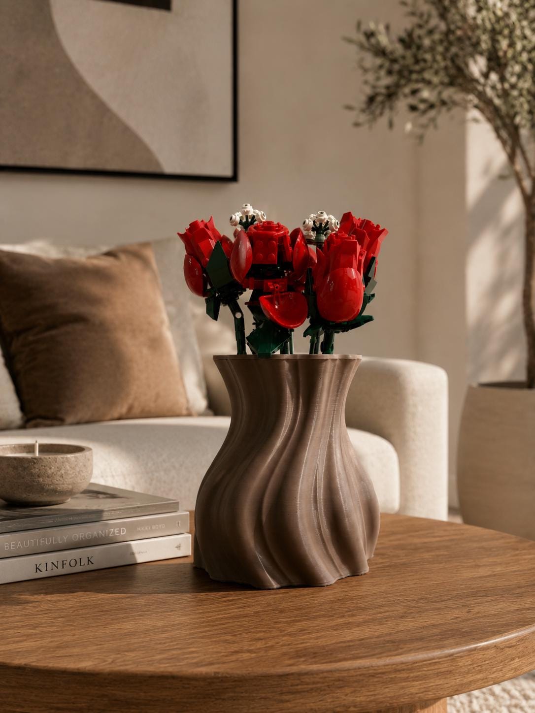 Modern Wavy Flower Vase, 3D Printed Sculptural Vase for Real Flowers & Building Block Bouquets, Minimalist Home Decor