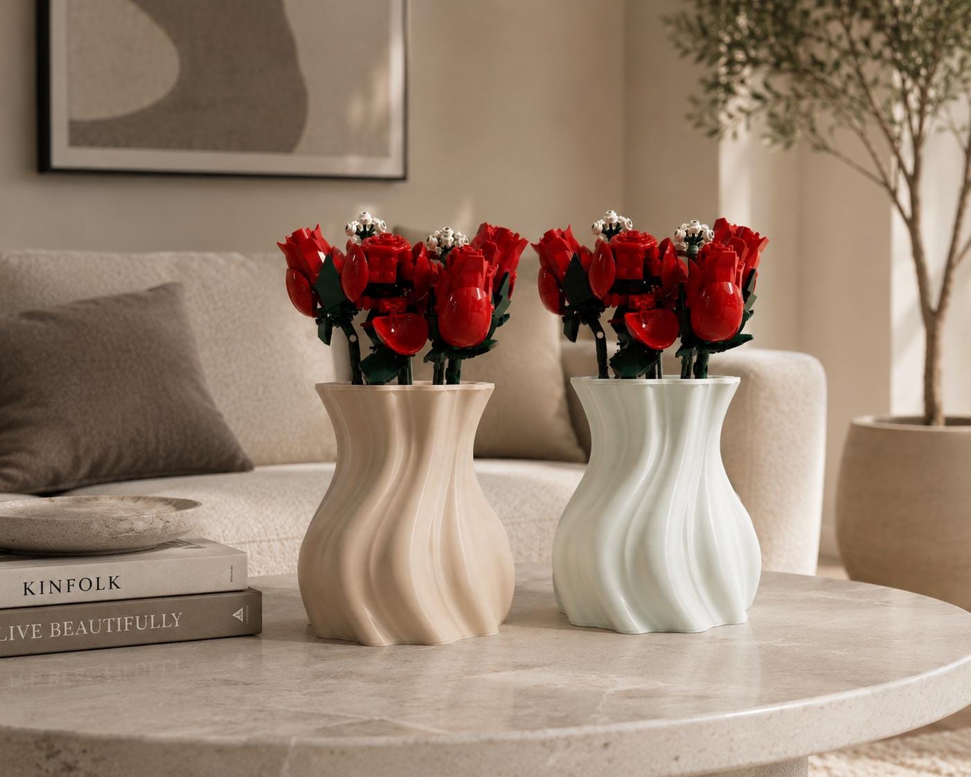 Modern Wavy Flower Vase, 3D Printed Sculptural Vase for Real Flowers & Building Block Bouquets, Minimalist Home Decor