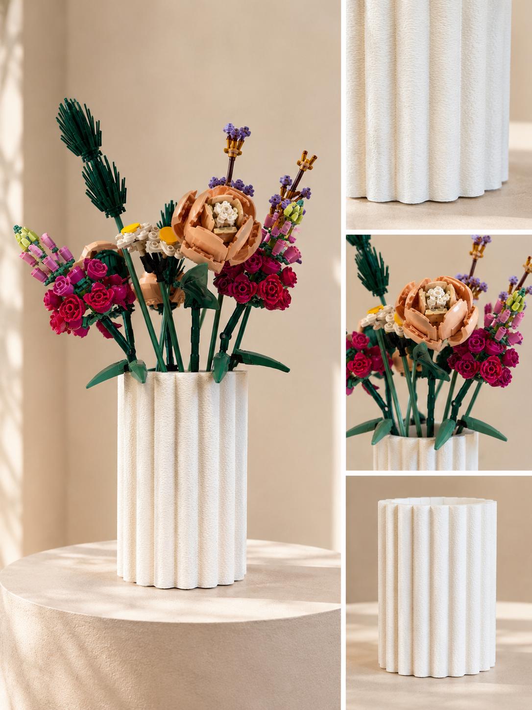 Textured Stone-Look Vase, Modern Ribbed PLA Display, Building Block Flowers