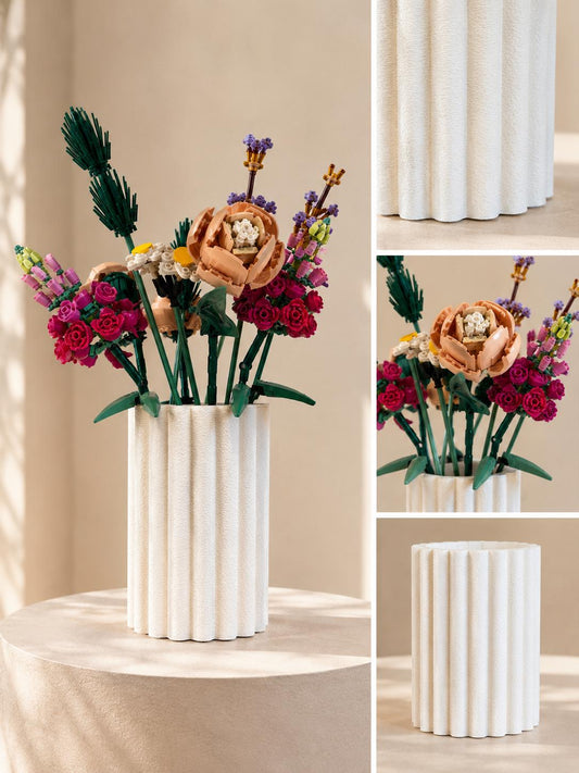 Textured Stone-Look Vase, Modern Ribbed PLA Display, Building Block Flowers