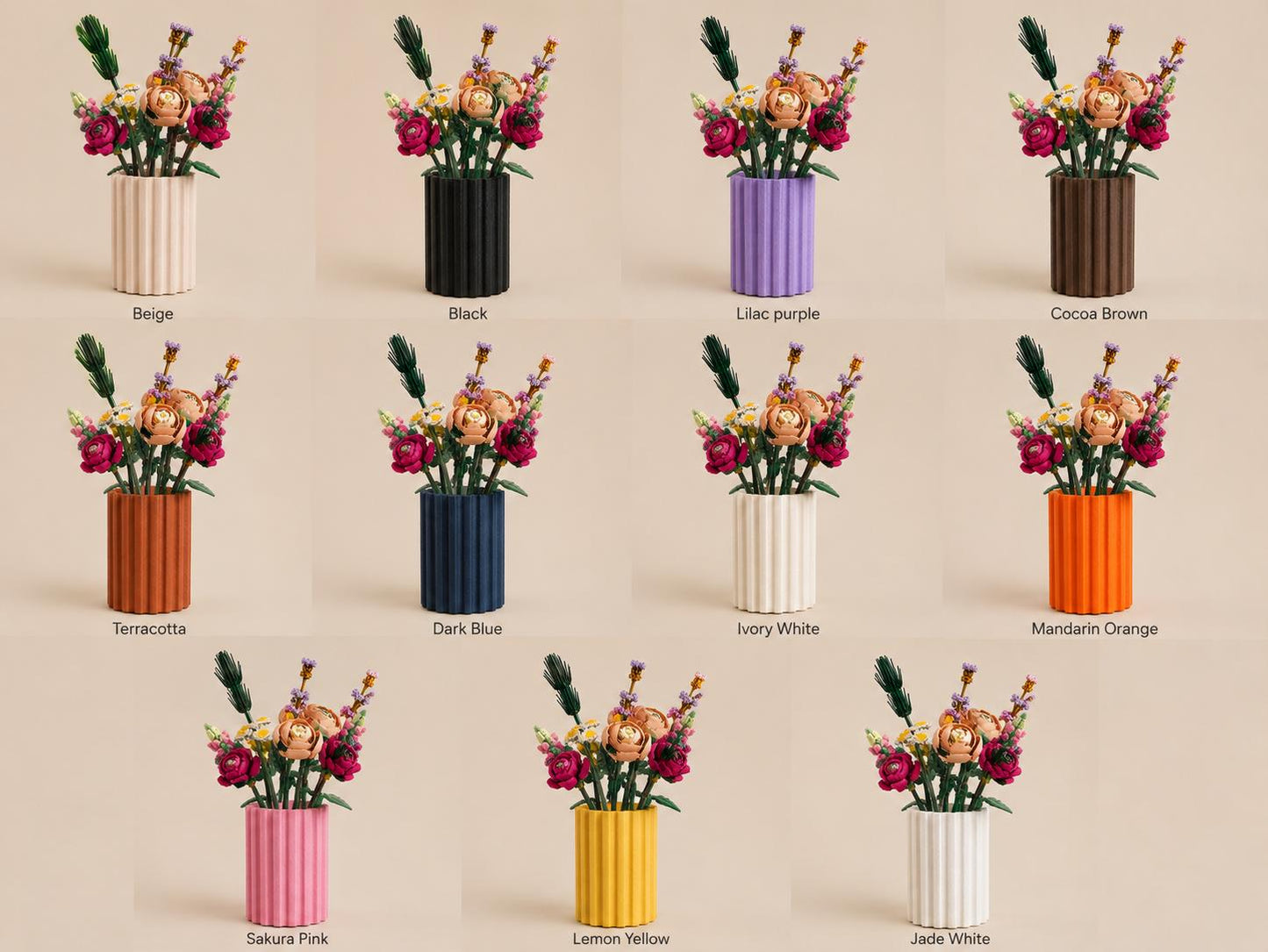 Textured Stone-Look Vase, Modern Ribbed PLA Display, Building Block Flowers
