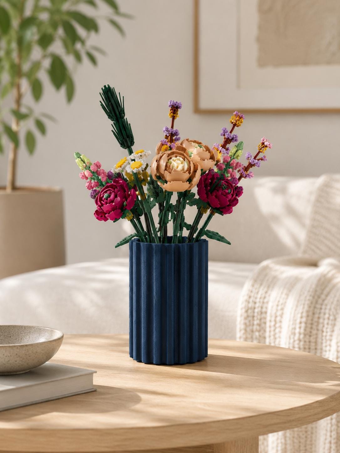 Textured Stone-Look Vase, Modern Ribbed PLA Display, Building Block Flowers