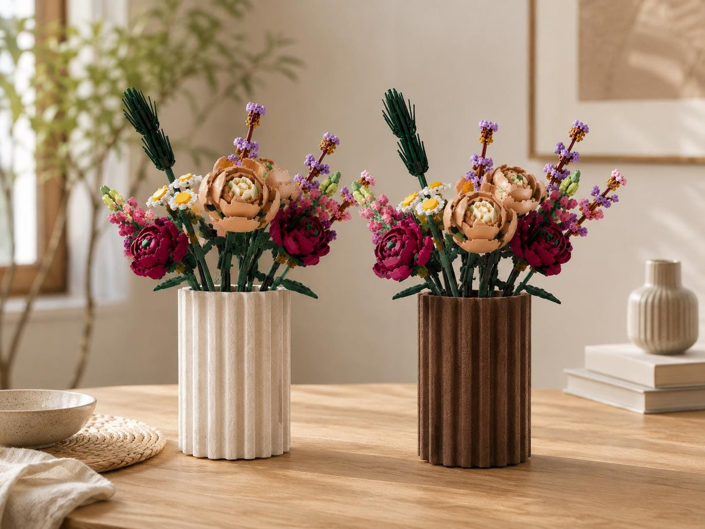 Textured Stone-Look Vase, Modern Ribbed PLA Display, Building Block Flowers
