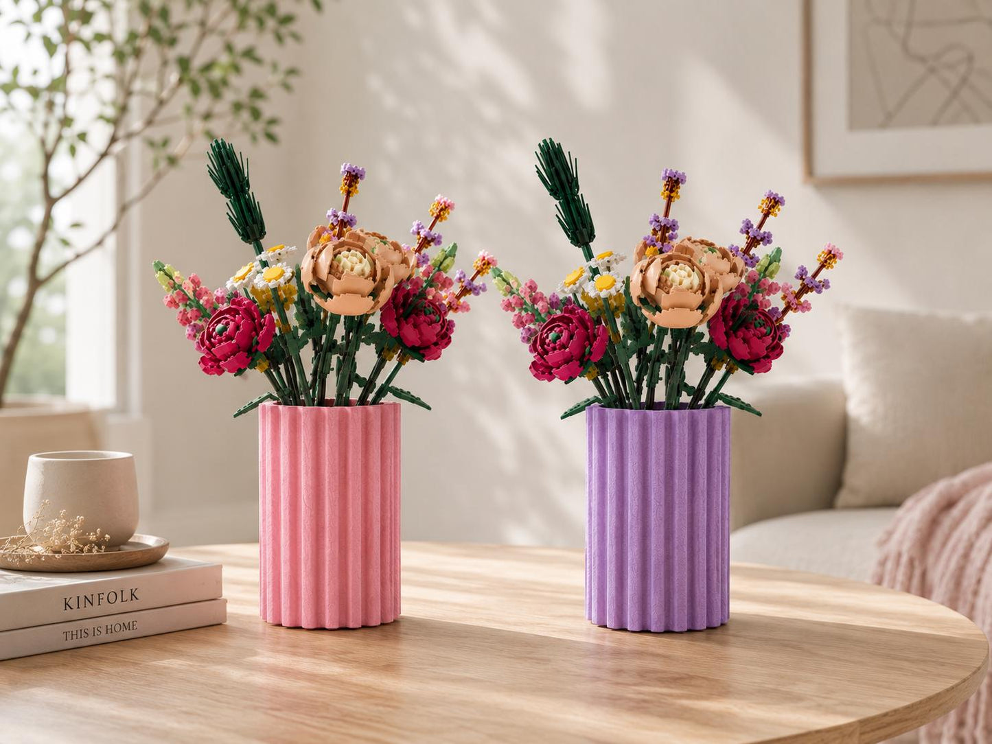 Textured Stone-Look Vase, Modern Ribbed PLA Display, Building Block Flowers
