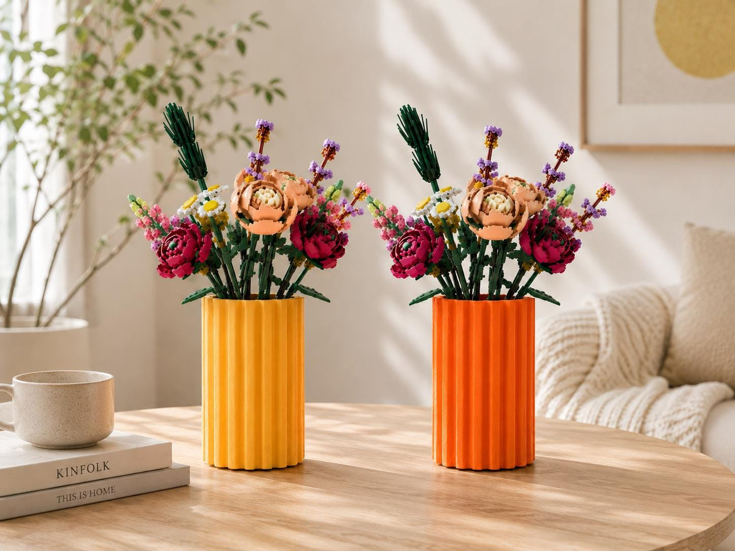 Textured Stone-Look Vase, Modern Ribbed PLA Display, Building Block Flowers
