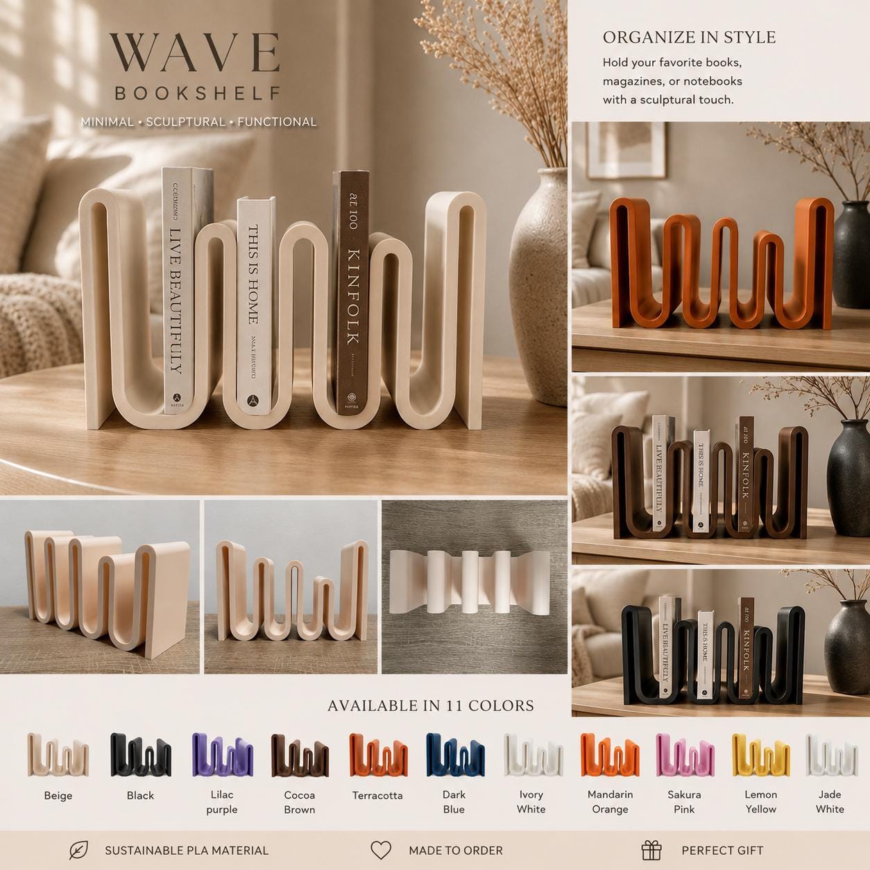 Wavy Bookshelf, Book Holder, 3D Printed Book Organizer, Modern Desk Shelf, Japandi Decor, Minimalist Book Storage, Book Lover Gift