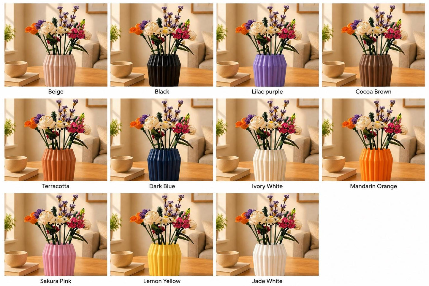 White Fluted Vase, 3D Printed Modern Decor, Building Block Flowers