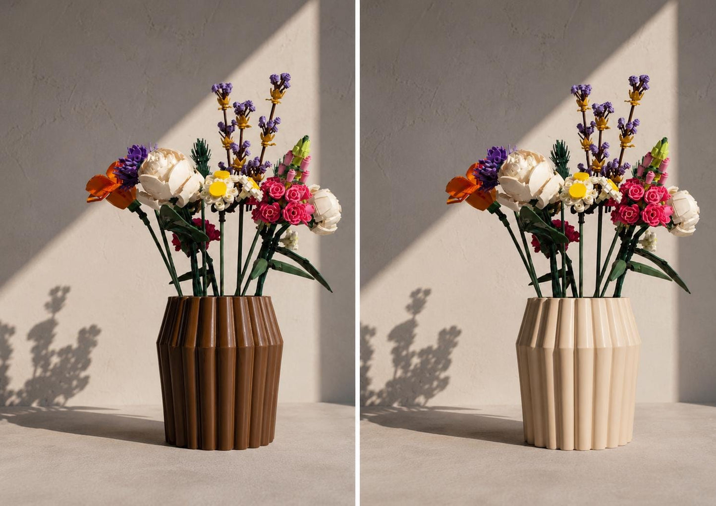 White Fluted Vase, 3D Printed Modern Decor, Building Block Flowers