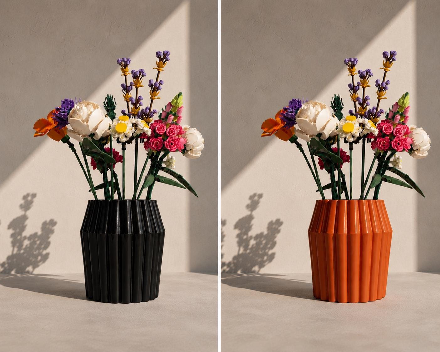 White Fluted Vase, 3D Printed Modern Decor, Building Block Flowers